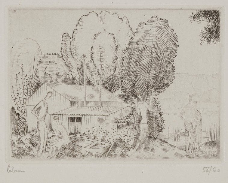 Jean-Emile LABOUREUR (1877-1943)
L’Auberge du bord de l’eau (petite planche). 1925. Eau-forte. 122 x 86. L. 310. Sur vélin blanc mince, signée et numérotée au crayon. Tirage à 60 épreuves. Timbre sec : H. Petiet éditeur Paris (Lugt 2021a).