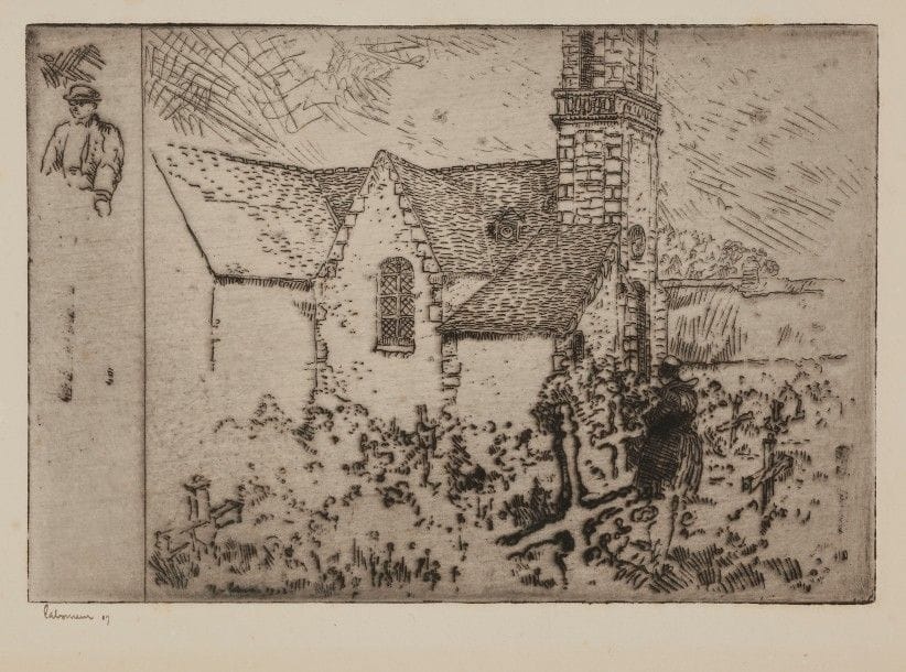 Jean-Emile LABOUREUR (1877-1943)
L’Église de Nizon (près Pont-Aven). 1909. Eau-forte sur zinc. 225 x 150. L. 84. Sur vergé crème, du 1er état (sur 2) avant coupure du cuivre, signée et datée à l’encre puis annotée en pied « Premier état (cinq épreuves) ». Rousseurs claires et très claire oxydation. Tirage total à 13 épreuves.