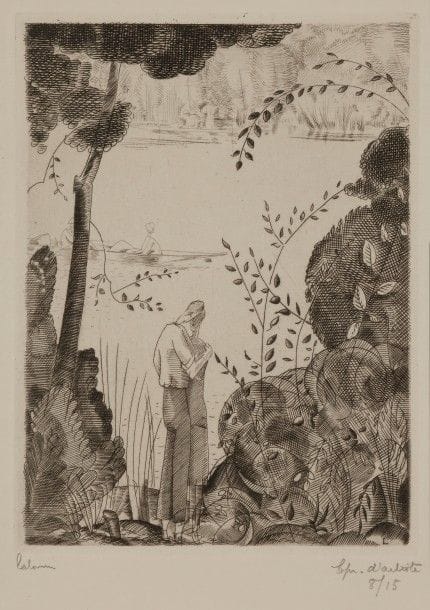 Jean-Emile LABOUREUR (1877-1943)
Les Amoureux du bord de l’eau. 1925. Burin. 112 x 153. L. 311. Sur simili-japon fort, l’une des 15 épreuves d’artiste, signée, annotée et numérotée au crayon. Tirage total à 96 épreuves.