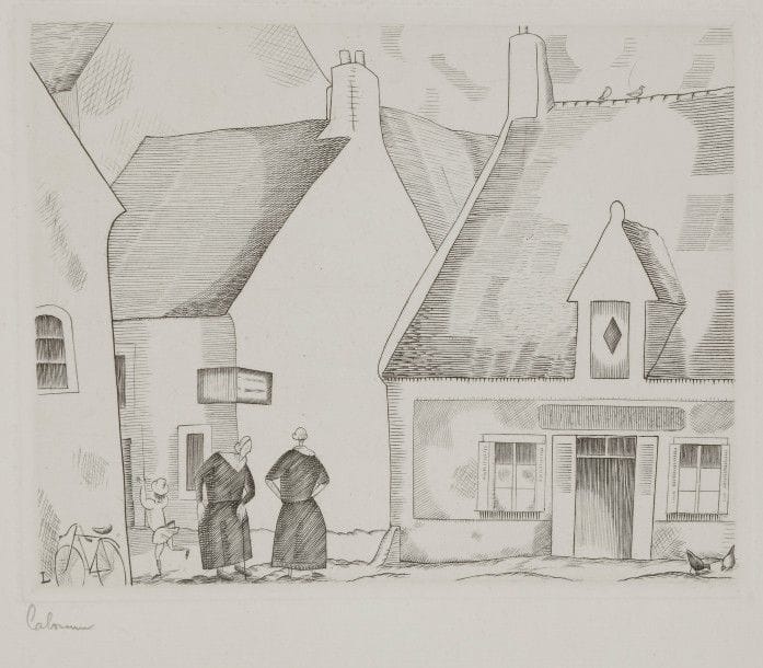 Jean-Emile LABOUREUR (1877-1943)
L’Hôtel des voyageurs (Pénestin). 1925. Burin. 130 x 103. L. 313. Sur vélin blanc, signée au crayon. Tirage à 65 épreuves.