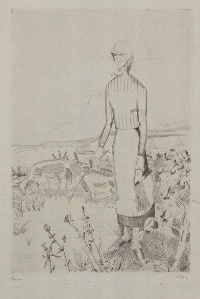Jean-Emile LABOUREUR (1877-1943)
La Grande bergère. 1926. Burin.170 x255. L. 323. Sur vergé ancien mince provenant d’un ancien registre (avec annotations à l’encre sépia au verso), signée et numérotée au crayon. Tirage à 75 épreuves.