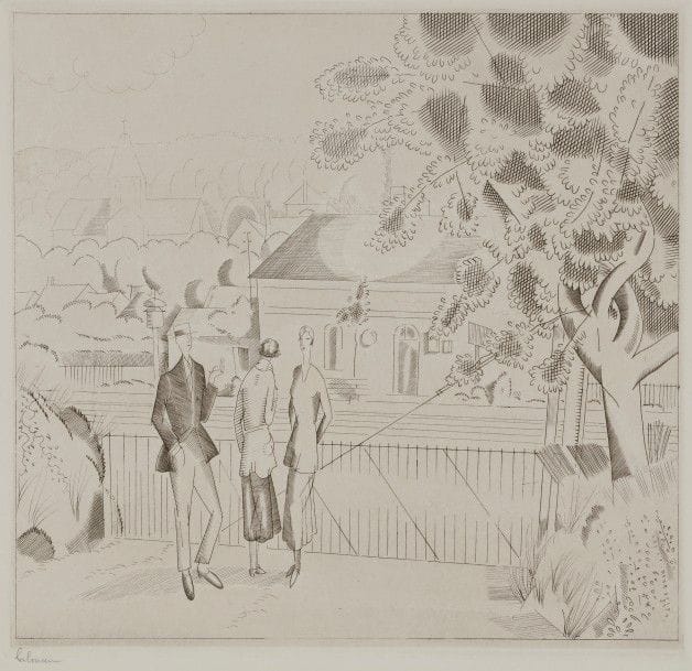 Jean-Emile LABOUREUR (1877-1943)
La Petite station. 1927. Burin. 198 x 188. L. 354. Sur vélin blanc, du 2e état (sur 3), avant le monogramme, signé au crayon. Timbre sec : Société des Cinquante Épreuves (Lugt non décrit).