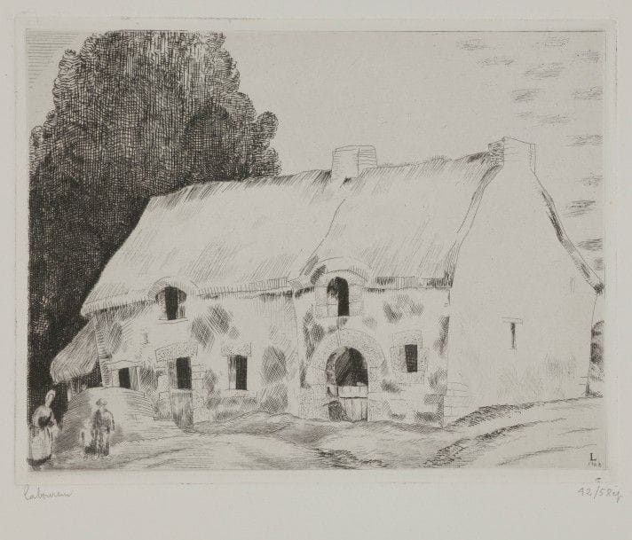 Jean-Emile LABOUREUR (1877-1943)
Les Deux chaumières (Kerfahler, Pénestin). 1927-1928. Eau-forte. 148 x 112. L. 356. Sur vélin blanc, signée et numérotée au crayon. Tirage à 58 épreuves.