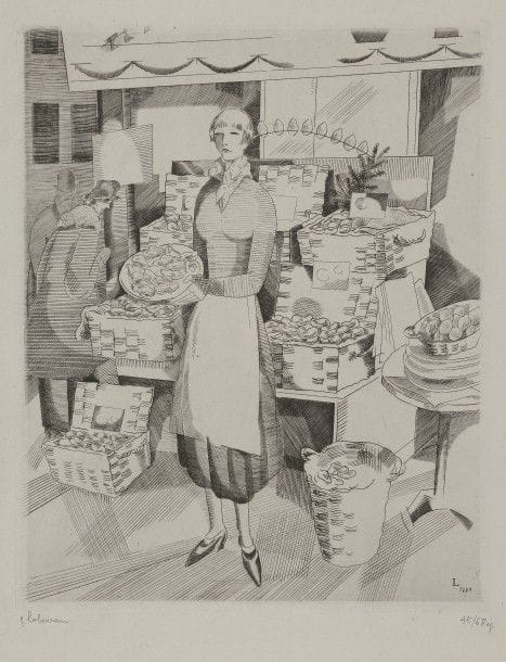 Jean-Emile LABOUREUR (1877-1943)
L’Écaillère. 1927-1928. Burin. 158 x 200. L. 357. Sur vergé ancien, du 3e état (sur 5), avant la marge destinée à la lettre, signée et numérotée au crayon. Tirage à 68 épreuves.