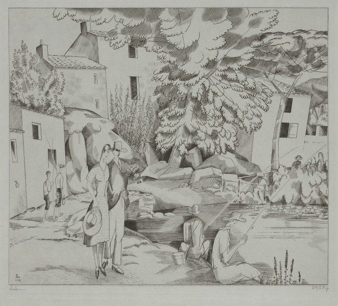 Jean-Emile LABOUREUR (1877-1943)
La Pêche à la ligne (région de Clisson). 1927-1928. Burin. 270 x 235. L. 361. Sur vergé ancien azuré, signée et numérotée au crayon. Tirage à 68 épreuves.