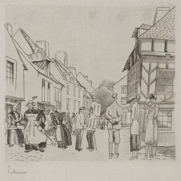 Jean-Emile LABOUREUR (1877-1943)
Touristes en Bretagne. 1928. Burin. 120 x 110. L. 376. Réunion de 2 épreuves, la 1re sur vélin blanc, du 1er état (sur 3), avant les travaux sur les robes des jeunes filles, la 2e sur vergé ancien (avec petite annotation à l’encre sépia dans l’angle supérieur droit), du 2e état, avant le monogramme. Tirage total à 63 épreuves.