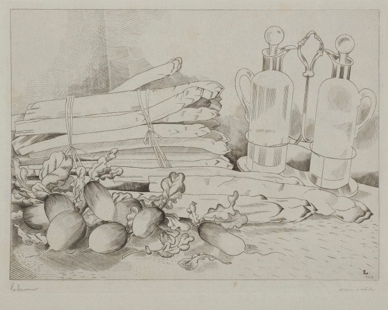 Jean-Emile LABOUREUR (1877-1943)
Asperges et radis. 1928. Burin. 240 x 175. L. 384. Sur vergé ancien azuré, signée et annotée « épreuve d’artiste ». Infimes rousseurs. Tirage total à 75 épreuves.