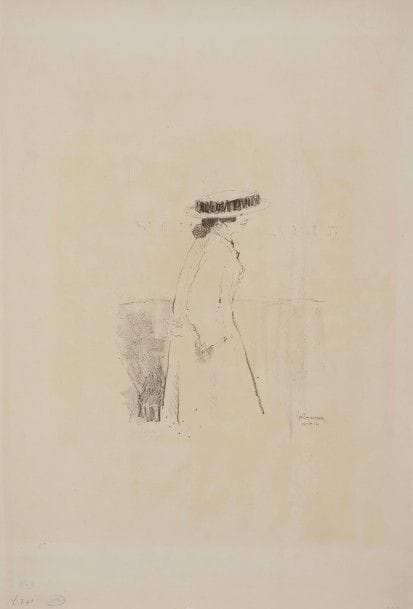 Jean-Emile LABOUREUR (1877-1943)
Soho Girl. 1909. Lithographie. 165 x 215. L. 773. Sur vélin blanc mince, signée et numérotée au crayon. Indentation de la pierre très visible. Traces claires d’oxydation. Toutes marges. Rare. Tirage total à 10 épreuves. Ex-coll. H.-M. Petiet et JPLL.