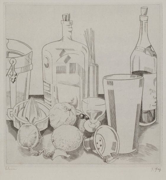 Jean-Emile LABOUREUR (1877-1943)
Cocktails. 1931. Burin. 190 x 197. L. 438. Réunion d’une épreuve sur vergé ancien, du 2e état (sur 3), avant les figures dans les fonds, signée et numérotée (sur 7) au crayon, et d’une épreuve sur vélin blanc de l’état définitif, non signée. Tirage total à 74 épreuves. 