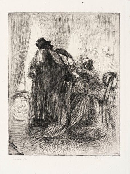 Albert BESNARD 
 Le Deuil. (Pl. V de la suite La Femme). Vers 1886. Eau-forte. 316 x 247. Godefroy 51. Très belle épreuve sur chine volant, annotée « Tiré à 100 » et signée au crayon. Toutes marges. 