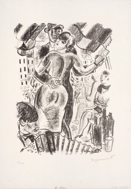 André DIGNIMONT 
 Bal musette. 1927. Lithographie. 330 x 250. I.F.F. 19. Très belle épreuve sur vélin blanc fort, numérotée et signée au crayon. Quelques rousseurs claires éparses. Toutes marges. Tirage à 150 épreuves pour Le Chien de Pique (sans le timbre sec).