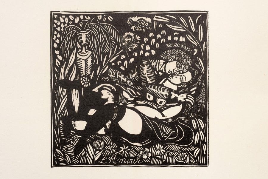 Raoul DUFY 
 L’Amour ; La Chasse ; La Danse ; La Pêche. 1910-1911. Bois gravé. 210-320 x 317-643. E. Pernoud, L’Estampe des Fauves, Hermann, 1994, p. 88. Très belles épreuves d’ancien tirage, 3 sur vergé crème filigrané « Richard de Bas », La Chasse sur vélin fort, non signées. Quelques rousseurs, traces d’oxydation, plis et courte déchirure au bord du plus grand feuillet. Ens. 4 p.