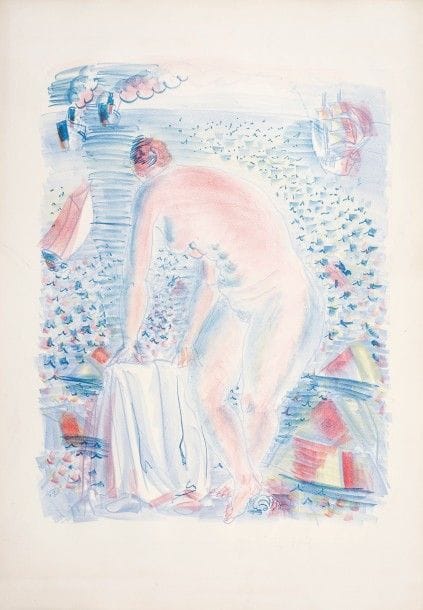 Raoul DUFY 
 Grande baigneuse. Vers 1928. Lithographie. 670 x 506. Impression en couleurs. Belle épreuve, très fraîche de couleurs, sur vélin fort, annotée « Bon à tirer / pour le rouge » et signée au crayon. Fort empoussiérage et oxydation. Déchirure de 60 mm en marge gauche sommairement consolidée au verso (sans atteinte au sujet). Quelques plis cassés et courtes déchirures aux bords du feuillet. Toutes marges. Tirage définitif à 40 épreuves.