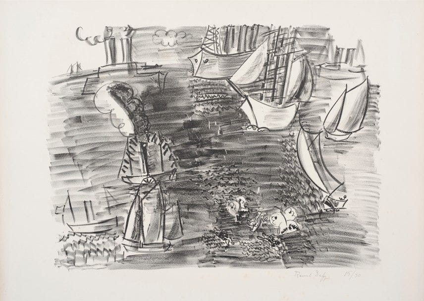 Raoul DUFY 
 Marine aux papillons. Vers 1921. Lithographie. 378 x 505. Très belle épreuve sur vélin blanc fort, signée et numérotée au crayon. Quelques rousseurs claires éparses. Toutes marges. Tirage à 30 épreuves.