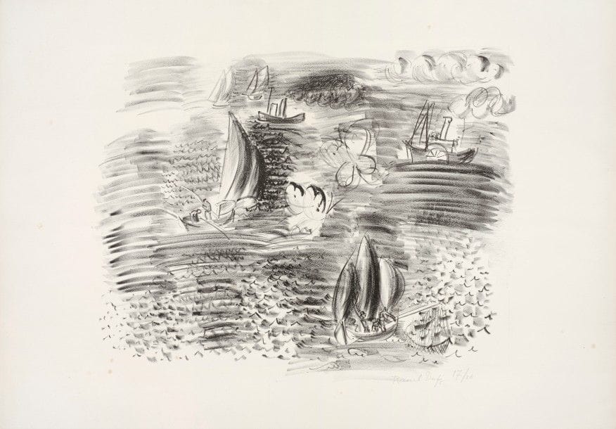 RÉSULTAT NON COMMUNIQUÉ
Raoul DUFY 
 Voiliers, steamers et papillons. Vers 1925. Lithographie. 347 x 440. Très belle épreuve sur vélin blanc fort, signée et numérotée au crayon. Quelques rousseurs claires éparses. Un court pli cassé dans l’angle inférieur droit. Fine bande claire d’oxydation en tête. Toutes marges. Tirage à 20 épreuves.