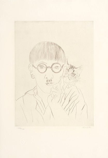 RÉSULTAT NON COMMUNIQUÉ
Léonard-Tsuguharu FOUJITA
Autoportrait, le chat sur l’épaule. 1927. Pointe sèche. 330 x 247. Buisson 27-02. Très belle épreuve sur vélin crème fort, numérotée et signée au crayon. Fine bande d’empoussiérage au bord droit du feuillet. Très légère oxydation du feuillet. Toutes marges. Tirage à 150 épreuves. Timbre sec : Le Chien de Pique (Lugt non décrit).