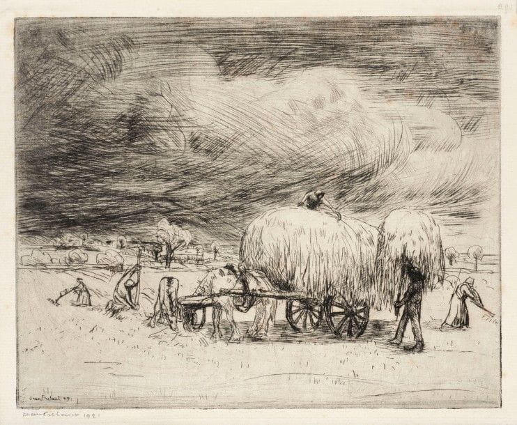 Jean FRÉLAUT 
 La Fenaison ; Retour à la chaumière ; Chemin d’Arradon. 1909-1913. Eau-forte et pointe sèche. Formats divers. Delteil 91, 120 et 140. Très belles épreuves sur différents papiers, signées au crayon, une datée et une numérotée. Rousseurs claires éparses. Toutes marges. Ens. 3 p.