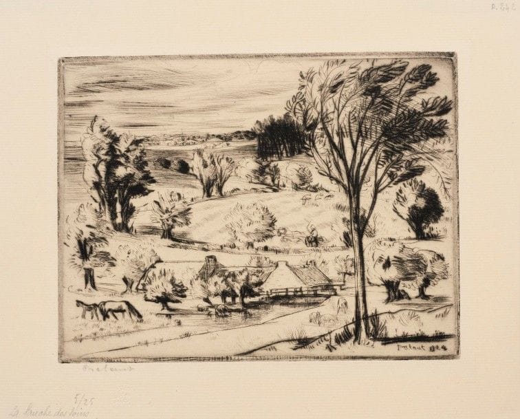 Jean FRÉLAUT 
 La Fauche des foins ; Le Moulin à eau. 1924 et 1933. Pointe sèche. 150 x 197 et 120 x 199. Delteil 242 et 362. Très belles épreuves sur vergé et vélin, signées et numérotées au crayon. Toutes marges. Timbre sec : Sagot éditeur Paris (Lugt 2254) à la 1re. Ens. 2 p.