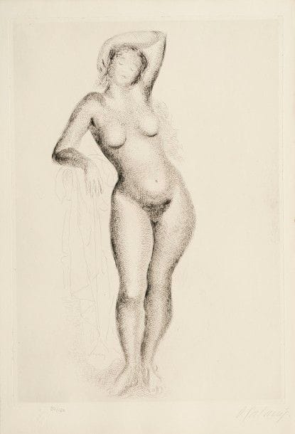 Demetrios GALANIS 
 Nu. 1927. Eau-forte. 450 x 318. I.F.F. 53. Très belle épreuve sur vélin fort, numérotée et signée au crayon. Toutes marges. Tirage à 150 épreuves. Timbre sec : Le Chien de Pique (Lugt non décrit).
