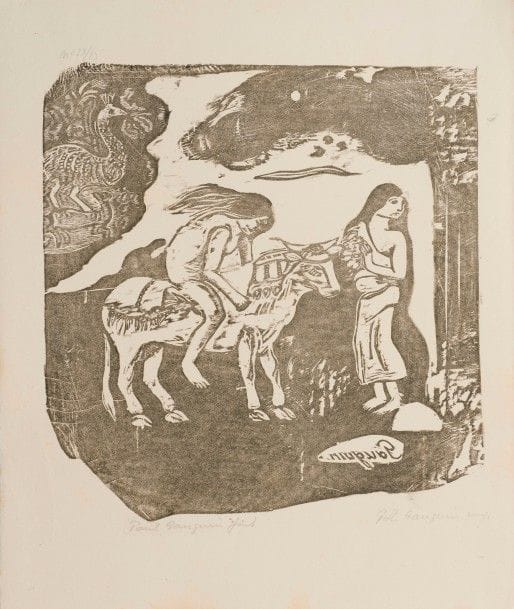 Paul GAUGUIN 
 L’Enlèvement d’Europe. 1898-1899. Gravure sur bois. 245 x 232. Mongan, Kornfeld et Joachim 47 C b. Très belle épreuve tirée en brun bistré sur japon, du tirage à 25 épreuves, effectué en 1928 par Daragnès pour Pola Gauguin, numérotée au crayon au-dessus de l’angle inférieur gauche du sujet, puis annotée en pied « Paul Gauguin fait » et « Pola Gauguin imp. » Quelques petites rousseurs visibles au verso. Deux infimes taches d’encre marginales. Toutes marges non ébarbées. Leicester Galleries éd.