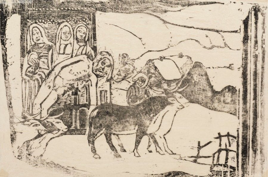 Paul GAUGUIN 
 Le Calvaire breton. 1898-1899. Gravure sur bois. 152 x 228. Mongan, Kornfeld et Joachim 50 B. Très belle épreuve sur japon pelure, avec l’initiale « P » et le numéro à l’encre, fixée par des pattes de papier gommé aux quatre angles sur support de vélin. La partie inférieure du sujet irrégulièrement venue au tirage. Fines traces de plis dans le sujet. Tirage à environ 35 épreuves.