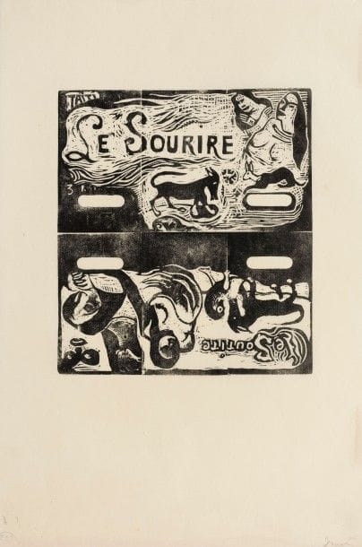 Paul GAUGUIN 
 Titres pour Le Sourire. 1899-1900. Gravure sur bois. 206 x 183. Mongan, Kornfeld et Joachim 58 C et 69 III B. Très belle et fraîche épreuve sur japon vergé mince, des deux sujets tirés bord à bord et tête-bêche, portant dans l’angle inférieur droit le nom de Druet au crayon. Toutes marges non ébarbées. Tirage à quelques épreuves effectué en 1918 par Pierre Gusman pour Eugène Druet. Épreuve citée par Mongan, Kornfeld et Joachim (une autre épreuve similaire est conservée à la Bibliothèque nationale). Joint : reproduction du 1er sujet sur vélin mince blanc avec texte typographié au verso (pour illustrer un catalogue d’exposition). Ens. 2 p.