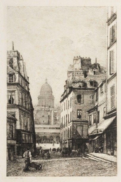 Lucien GAUTIER 
Rue du Haut-pavé. 1881. Eau-forte. 390 x 248. I.F.F. 5-5. Très belle épreuve sur chine volant, le nom et la date gravés à la pointe, avant la lettre. Rousseurs claires éparses. Toutes marges.