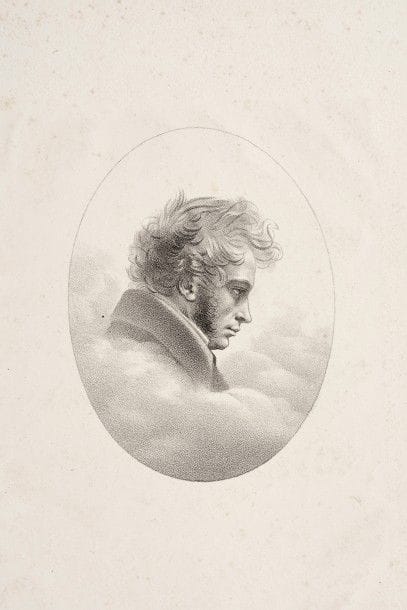 Anne-Louis GIRODET-TRIOSON 
 Portrait d’homme dans un ovale. 1817. Lithographie. 122 x 92. Très belle épreuve sur vélin, avant toute lettre, annotée en bas à gauche au crayon : « Montargis ». Rousseurs claires éparses. Petite auréole d’humidité dans l’angle inférieur gauche. Toutes marges. 
 « Ils sont rares ceux qui, tels que Girodet, Evariste Fragonard, Odevaere, dans la série des portraits de 1816, ont su trouver une facture personnelle, sans doute parce qu’ils ont eu l’audace de lithographier d’après nature, directement sur la pierre, sans utiliser un dessin préalable. » (Léon Lang, Godefroy Engelmann imprimeur lithographe, Les incunables 1814-1817, Colmar, éd. Alsatia, 1977, p. 83.)