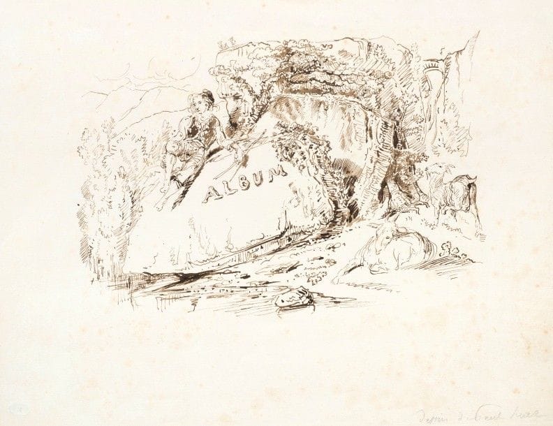 Paul HUET 
 Étude pour un titre d’album. Vers 1830. Dessin à la plume et à l’encre sépia sur vélin blanc. 245 x 316. Quelques petites rousseurs claires. Courte déchirure en tête. Joint : Frontispice pour l’album Six eaux-fortes. 1835. Eau-forte. Feuillet : 268 x 256. Delteil 6. Très belle épreuve du 2e état (sur 3), avant modification de la lettre, sur vélin jaune paille, collé par plusieurs points de colle sur vélin fort. Ens. 2 p.