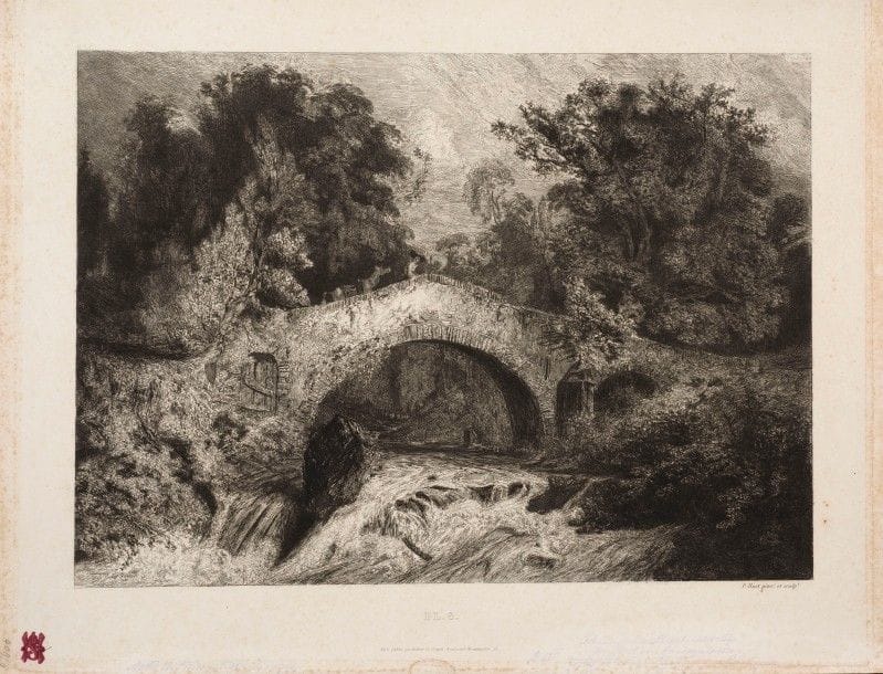 Paul HUET 
 Un pont en Auvergne. (Pl. 6 de l’album Six eaux-fortes). 1834. Eau-forte. 285 x 368. Delteil 12. Belle épreuve sur chine appliqué, du 2e état (sur 3), avant modification de la lettre. Rousseurs claires sur le support. Ex-coll. H. Stinnes (Lugt 1376d) avec annotation de sa main au crayon-encre. Marges fortement réduites. Timbre sec : Rittner et Goupil (Lugt 2140), partiellement coupé. Joint : Le Braconnier. (Pl. 5 de l’album Six eaux-fortes). 1834. Eau-forte. 287 x 366. Delteil 11. Très belle épreuve sur chine appliqué, du 2e état (sur 3), avant modification de la lettre. Rousseurs claires éparses, petites auréoles d’humidité et oxydation sur le support. Petit arrachement au bord gauche. Toutes marges. Même timbre sec. Ens. 2 p.