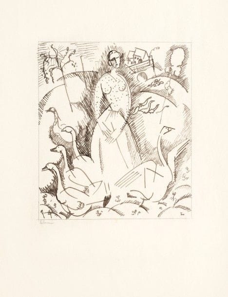 Jean-Émile LABOUREUR 
 La Fille aux oies. 1916. Dessin à la plume et à l’encre sépia sur vélin mince, [312 x 265], préparatoire à la gravure au burin (Laboureur 159), signé au crayon sous le filet d’encadrement en bas à gauche. Court pli cassé dans l’angle inférieur gauche.