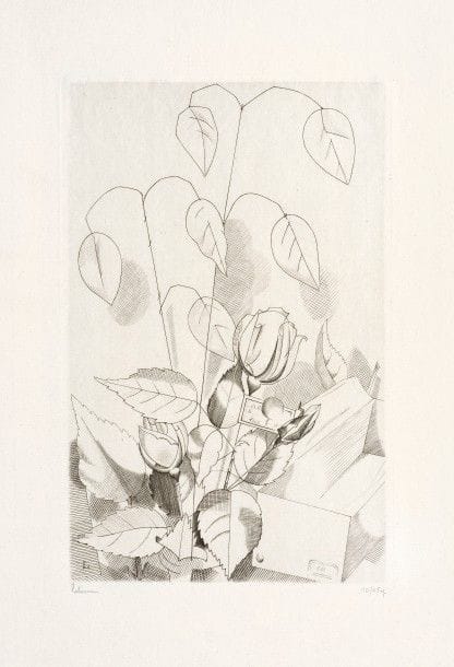 Jean-Émile LABOUREUR 
 Fleurs artificielles (roses). 1924. Burin. 219 x 140. Laboureur 280. Réunion de 3 très belles épreuves des 1er, 2e et 3e états, sur différents papiers, signées et numérotées au crayon. Quelques rares rousseurs. Toutes marges. Tirage à 45 épreuves. Joint : même sujet. Dessin préparatoire au crayon sur calque, [261 x 156], signé en bas à gauche. Ens. 4 p.