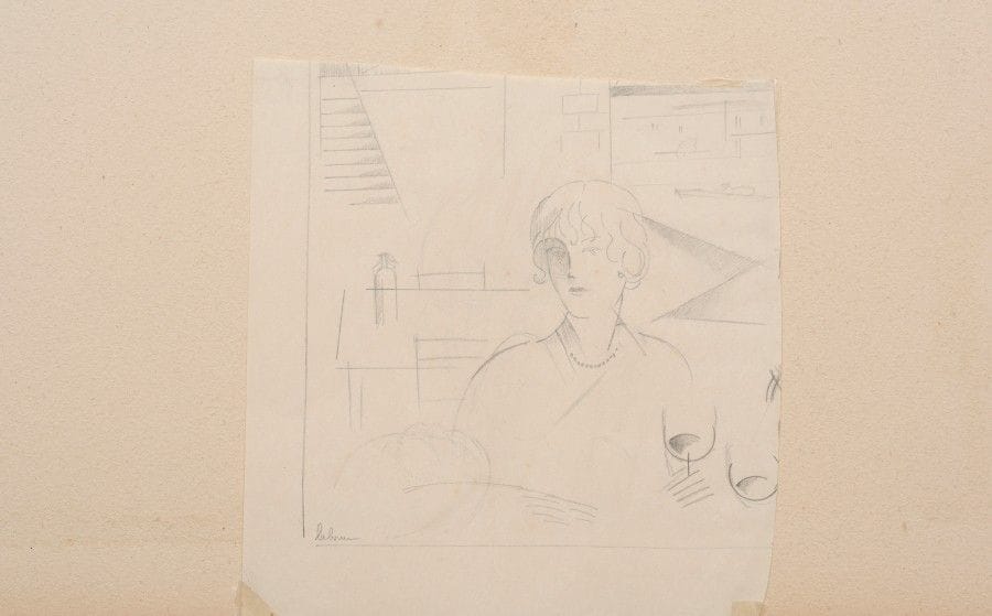 Jean-Émile LABOUREUR 
 Femme au verre de vin. Vers 1920. Dessin au crayon sur vélin mince, [171 x 161], pour un sujet non publié, ici sous forme de fragment d’une composition plus grande, signé en bas à gauche. Deux infimes restes de papier gommé dans les angles inférieurs. Joint : Tulipe rouge. Dessin à l’aquarelle sur vélin [168 x 134], irrégulièrement découpé, signé en bas gauche. Ens. 2 p.