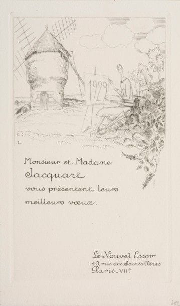 Jean-Émile LABOUREUR 
 La Paysagiste au moulin. (Carte de vœux pour l’éditeur Jacquart, Le Nouvel Essor). 1928. Eau-forte et burin. 246 x 162 puis 205 x 122 (état définitif). Laboureur 382. Réunion de 3 très belles épreuves des états successifs, sur différents papiers, 2 signées, annotées et numérotées au crayon, revêtues du timbre sec de Jacquart éditeur Paris (Lugt non décrit). Rousseurs claires éparses. Toutes marges. Joint : L’Envers du Music-hall, de Colette. 1925. Burin. Format de l’album : 253 x 195. Laboureur 312. Réunion de 28 planches (sur 32) en tiré à part, du 1er état (sur 2). Parfaites épreuves sur vélin. Joint : une épreuve d’un sujet tiré sur le cuivre biffé, signée au crayon. Chemise rempliée de l’édition. Ens. 31 p.