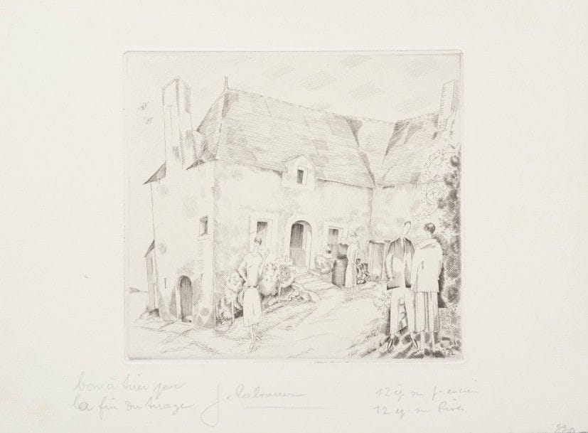 Jean-Émile LABOUREUR 
 Promenade à la ferme. 1926-1927. Burin. 170 x 185. Laboureur 330. Intéressante réunion de 4 parfaites épreuves, l’une du 1er état (sur 4), avant de nouveaux travaux, les 3 autres de l’état définitif sur différents papiers, dont une largement annotée « bon à tirer pour / la fin du tirage », l’une sur vergé ancien azuré, toutes signées, 3 numérotées. Tirage définitif à 65 épreuves. 