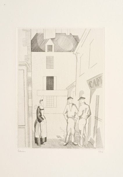 Jean-Émile LABOUREUR 
 La Ruelle (Le Croisic). 1927-1928. Burin. 209 x 149. Laboureur 359. Réunion de 3 parfaites épreuves sur différents papiers des 3 états successifs, signées et numérotées au crayon. Toutes marges. Tirage définitif à 58 épreuves. Joint : même sujet. Dessin préparatoire au crayon sur calque [236 x 178], signé du monogramme dans le sujet. Reste d’ancien montage en pied au verso. Ens. 4 p.