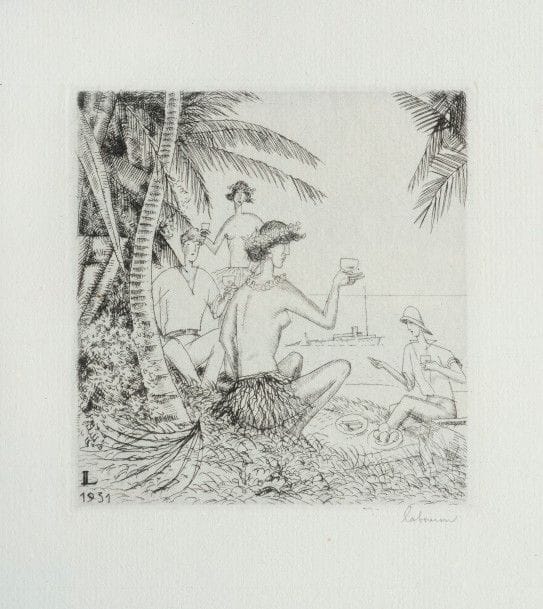 Jean-Émile LABOUREUR 
 Menu pour Les Psychologues du goût. 1931. Eau-forte. 95 x 90. Laboureur 434. Réunion du zinc gravé, biseauté et vernis, contenu dans son enveloppe formée par une épreuve rempliée, annotée « Mr Petiet », et de 4 parfaites épreuves sur différents papiers, 3 signées au crayon, l’une avec la lettre et les détails du dîner typographiés au verso, les 3 autres avant lettre, une numérotée par H.-M. Petiet, d’un tirage à 60 épreuves. Ens. 5 p.