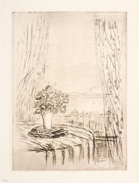 Pierre LAPRADE 
 Femme au chevalet. 1907 ; Le Singe au bord de la fenêtre. 1923 ; Naples. 1932 ; Église derrière un champ de blé. Lithographie ; eau-forte. Formats divers. Très belles épreuves sur vélin, 3 signées au crayon, dont 2 annotées « Etat ». Traces de plis et rousseurs claires. Légère insolation à 1 pl. 2 p. éditées par A. Vollard (Johnson 65 et 66). Toutes marges. Ens. 4 p. 