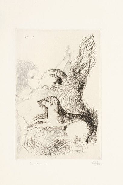 Marie LAURENCIN 
 Marie Laurencin et ses deux chiens. 1931. Eau-forte. 190 x 124. Marchesseau 167. Intéressante réunion de 2 épreuves sur vélin blanc du 1er état (sur 2), avant ajout de la figure, d’un tirage à 12 épreuves, signées par l’artiste et numérotées au crayon par l’éditeur H.-M. Petiet, l’une largement complétée d’un dessin au crayon, projet pour le 2e état (épreuve citée par Marchesseau), l’autre largement empoussiérée au bord droit, et de 2 épreuves de l’état définitif, respectivement sur vergé ancien azuré et sur vélin blanc, signées au crayon. Toutes marges. Ens. 4 p.