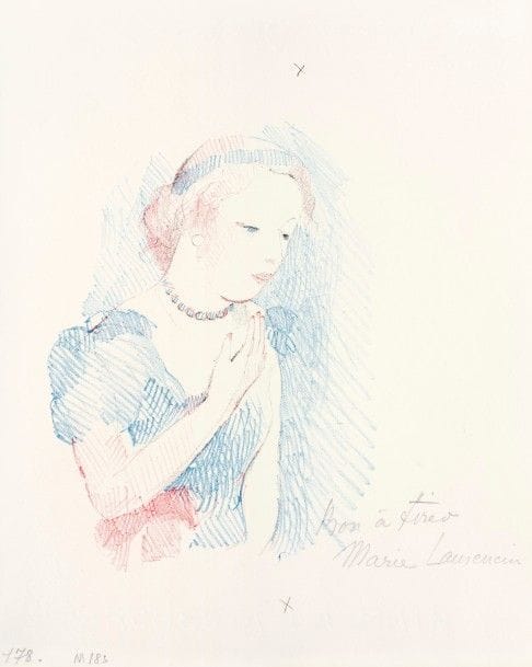 RÉSULTAT NON COMMUNIQUÉ
Marie LAURENCIN 
 Jeune fille à la fleur. 1937. Lithographie. 185 x 138. Marchesseau 183. Réunion de 2 épreuves sur vélin blanc, l’une de l’état définitif, tirée en couleurs, avant effaçage des croix de pointure, annotée « Bon à tirer » et signée au crayon, l’autre de la pierre de noir seule, largement reprise aux crayons de couleurs et signée au crayon. Toutes marges.