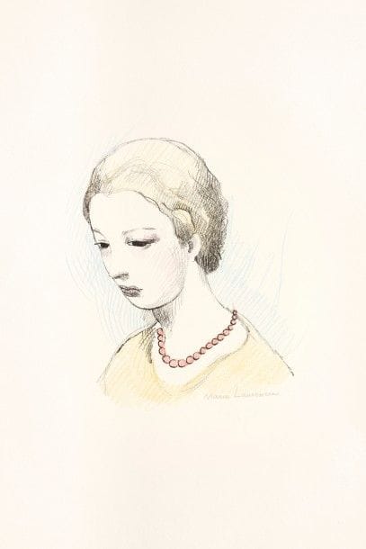 Marie LAURENCIN 
 Jeune fille pensive. 1937. Lithographie. 173 x 130. Marchesseau 184. Intéressante réunion de 4 épreuves sur vélin blanc, l’une tirée en couleurs, les 3 autres de la pierre de noir seule, reprises aux crayons de couleurs, l’une annotée en pied au crayon par M. Petiet : « Modèle de coloris », toutes signées par l’artiste. Toutes marges. 