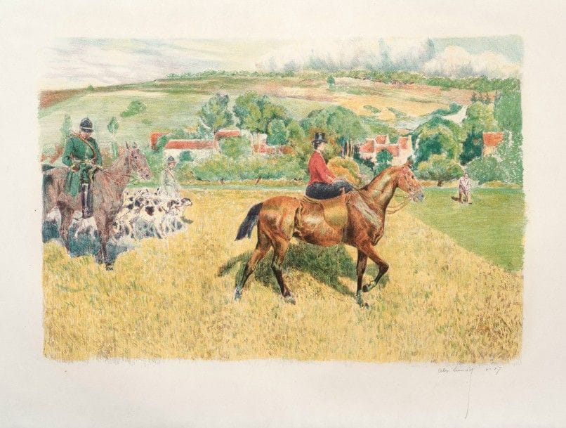 Alexandre LUNOIS 
 Départ pour la Chasse à courre. 1897. Lithographie. 295 x 430. I.F.F. non décrit ; Johnson 73. Impression en couleurs. Parfaite épreuve sur vélin blanc mince, signée et numérotée au crayon. Toutes marges. Tirage à 100 épreuves pour l’Album d’estampes originales de la Galerie Vollard. Joint : même sujet. Épreuves sur chine volant, respectivement de la pierre-clé tirée en noir et épreuve d’essai (variante des couleurs). Traces de plis et rousseurs claires éparses. Toutes marges. Ens. 3 p.