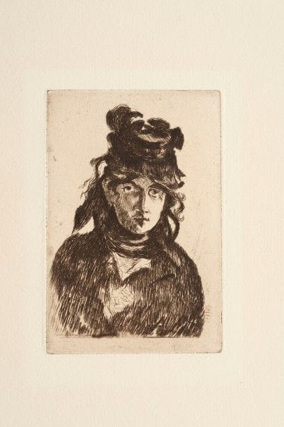 Édouard MANET 
 Berthe Morisot. 1872. Eau-forte. 120 x 81. Guérin 59 ; Bareau 65 ; Fisher 57. Très belle épreuve tirée en brun bistré sur vergé filigrané « Van Gelder Zonen », du tirage effectué pour Strölin en 1905. Trace claire d’oxydation autour du sujet. Traces de colle au bord gauche au verso. Toutes marges.
