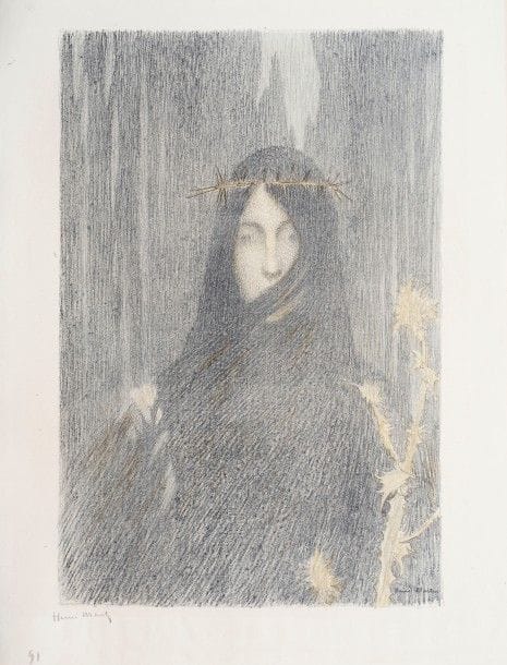 Henri MARTIN 
 Tête de femme, ou Femme couronnée d’épines. 1897. Lithographie. 495 x 384. I.F.F. 2 ; Johnson 78. Impression en couleurs. Très belle et fraîche épreuve sur chine volant, signée et numérotée au crayon dans l’angle inférieur gauche. Toutes marges. Tirage à 100 épreuves pour l’Album d’Estampes Originales de la Galerie Vollard. Joint : même sujet. Épreuves sur chine volant, l’une épreuve d’essai tirée en noir et en gris, l’autre tirée sur la pierre brûlée. Rousseurs, plis accidents et déchirures. Bonnes marges. Ens. 3 p.