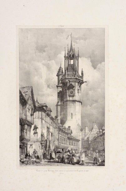 Richard Parkes BONINGTON 
 Rue du Gros Horloge, Rouen ; Tour du gros Horloge, bâtie sous la domination des Anglais en 1417, Evreux ; Vue générale de l’église de l’abbaye de Tournus ; Façade de l’église de Brou. 1824-1825. Lithographie. Formats divers. Curtis 16, 19, 22, 23. Belles épreuves, 3 sur chine appliqué, une sur vélin. Larges rousseurs éparses. Toutes marges. Ens. 4 p.