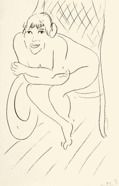 Henri MATISSE 
 Nu au rocking chair. 1913. Lithographie. 486 x 280. Duthuit-Garnaud 410. Très belle et fraîche épreuve sur simili-japon, signée et numérotée à la plume et à l’encre. Infimes plis cassés dans l’angle inférieur droit du feuillet. Toutes marges. Tirage à 50 épreuves.