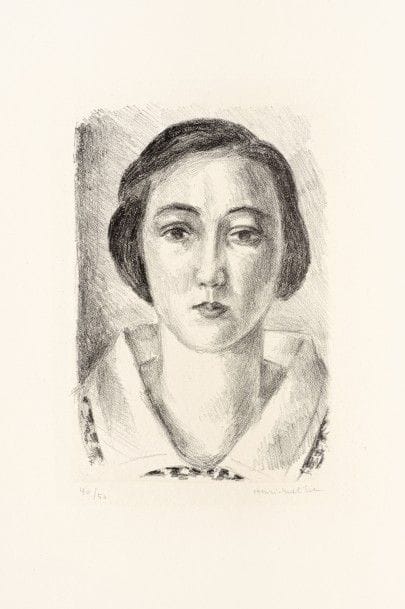 Henri MATISSE 
 Jeune fille en robe fleurie au col d’organdi. 1923. Lithographie. 220 x 150. Duthuit-Garnaud 429. Très belle et fraîche épreuve sur chine volant, numérotée et signée au crayon. L’indentation de la pierre très visible. Toutes marges. Tirage à 50 épreuves.