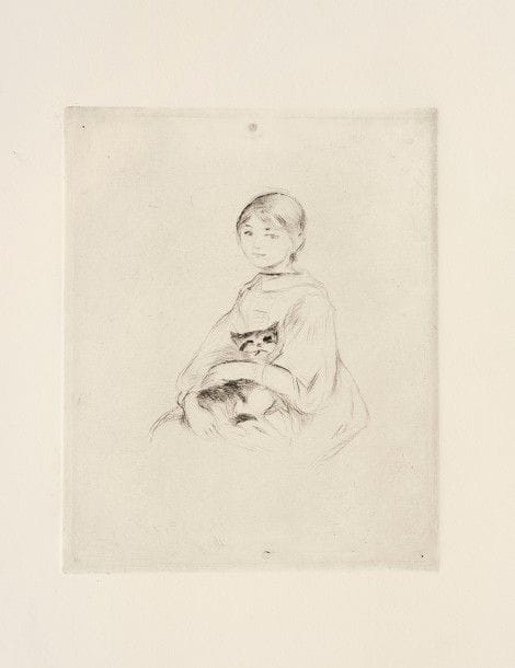 Berthe MORISOT 
 Fillette au chat (Julie Manet) ; Cygne et canard. Vers 1889. Pointe sèche. 150 x 120. Bailly-Herzberg VI et IV. Très belles épreuves sur vélin. Déchirure de 20 mm au bord gauche à la 1re. Toutes marges. Ens. 2 p. 