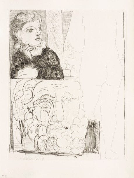 Pablo PICASSO 
 Femme accoudée, sculpture de dos et tête barbue. (Suite Vollard, pl. 71). 1933. Eau-forte. 376 x 296. Bloch 184 ; Baer 343 B d. Parfaite épreuve sur vergé de Montval filigrané « Vollard », non signée, l’une des 260 du tirage à petites marges.