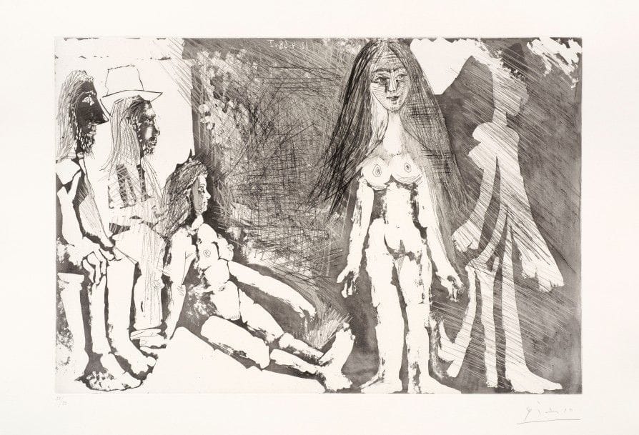 Pablo PICASSO 
 Jeune fille regardée par une vieille femme… (Les 347, pl. 31). 1968. Eau-forte, aquatinte, grattoir et pointe sèche. 319 x 471. Bloch 1511 ; Baer 1527 II B b 1. Très belle et fraîche épreuve sur vélin blanc, numérotée et signée au crayon. Court pli cassé au bord supérieur droit. Toutes marges non ébarbées. Tirage à 50 épreuves. Édition de la Galerie Louise Leiris.